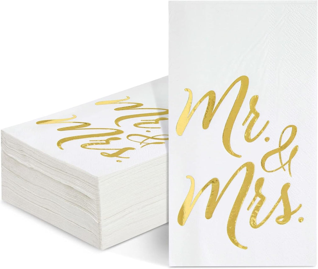 Juvale Wedding Napkins Mr & Mrs - 4 x 8 In, 3-Ply White & Gold, 50 Count - Disposable Bridal Shower & Reception Beverage Napkins