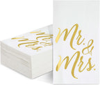 Juvale Wedding Napkins Mr & Mrs - 4 x 8 In, 3-Ply White & Gold, 50 Count - Disposable Bridal Shower & Reception Beverage Napkins