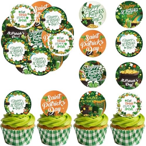 36PCS Edible Happy St Patrick’s Day Cupcake Toppers Wafer Paper Lucky Day Cupcake Picks for Four Leaf Clover Irish Theme Baby Shower Birthday Party Cake Decoration Supplies