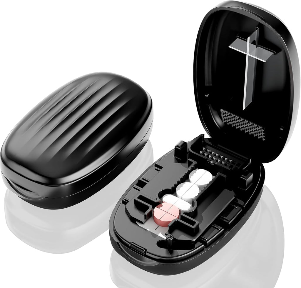 Pill Cutter Splitter for Small and Tiny Pills, 1/2 1/4 Pill Splitter for Small Pills,Vitamins, Tablets in Half or Quarters, Accurate and Easy Cutting, Stainless Steel Blade, Back Storage (Black)