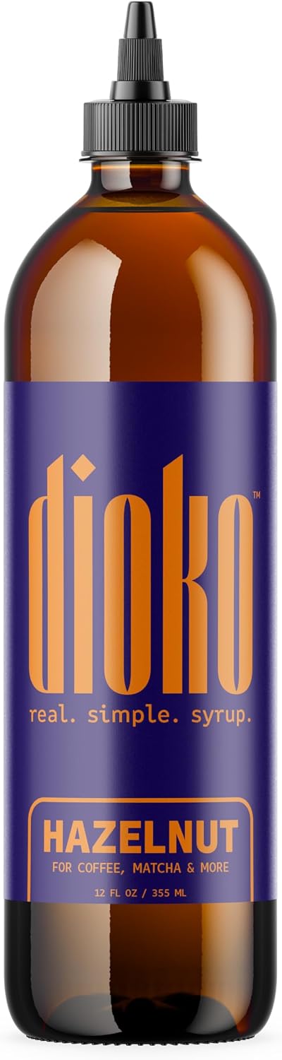 Dioko Simple Syrup, 12 fl. oz Premium Coffee & Dessert Syrup with Easy Pour Spout | No Artificial Dyes or Colors | Perfect for Lattes, Iced Coffee, Cocktails, Pancakes & More (Hazelnut)