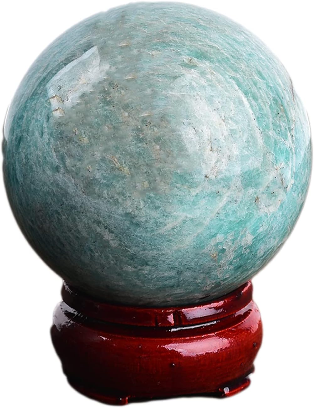 JIC Gem Amazonite Crystal Ball with Wood Stand Gemstone Sphere, Healing Crystal Balls for Reiki Chakra Decoration Fengshui (3-3.5inch)