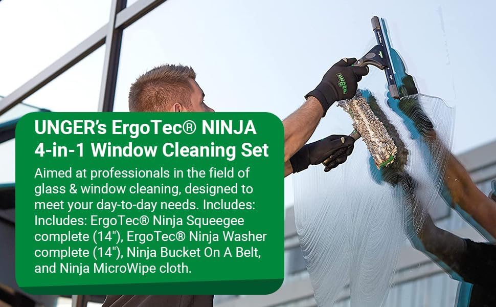 Unger Commercial ErgoTec Advanced Window Cleaning Ninja Kit 4-in-1 – Squeegee, Scrubber, Tool Holder, Microfiber Cloth – Professional Indoor/Outdoor Window Cleaning Equipment, WNK12