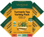 VAHDAM, USDA Organic Turmeric Herbal Tea Sampler (20 Tea Bags, 4 Flavors), Caffeine-Free, Gluten-Free |Turmeric with Citrus, Ginger, Chamomile & Peppermint Tea Variety | Individually Wrapped