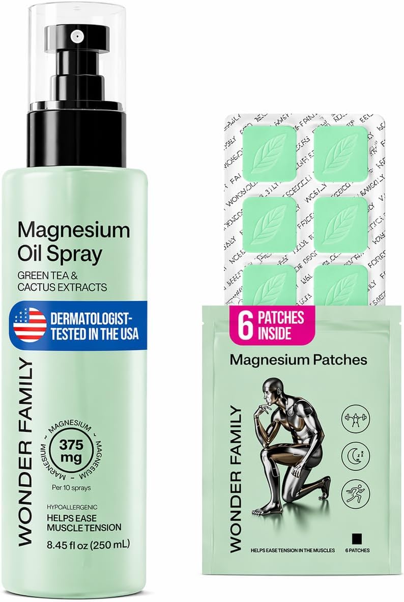 Pure Magnesium Oil Spray for Feet and Whole Body - Muscle Soothing - Topical Magnesium Foot Spray for Sleep Support and Relaxation - Mist Bottle 8.45 Fl Oz, 6 Patches
