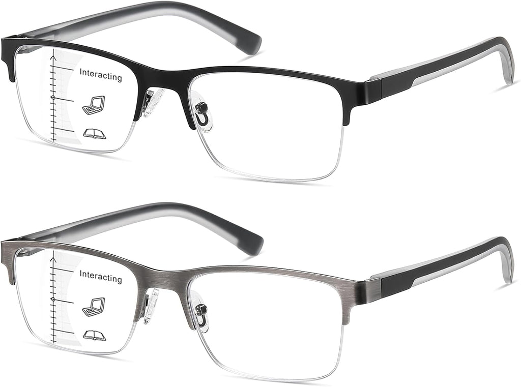 2 PCS Multifocal Progressive Reading Glasses Men, Metal Blue Light Multifocus Readers for Mid & Near Workplace