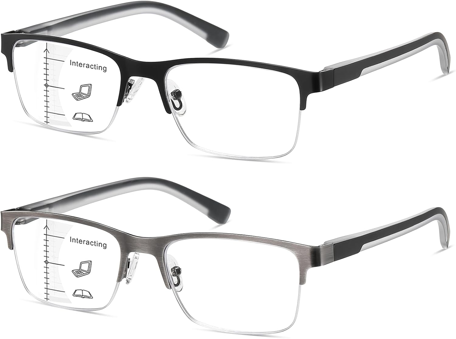 2 PCS Multifocal Progressive Reading Glasses Men, Metal Blue Light Multifocus Readers for Mid & Near Workplace
