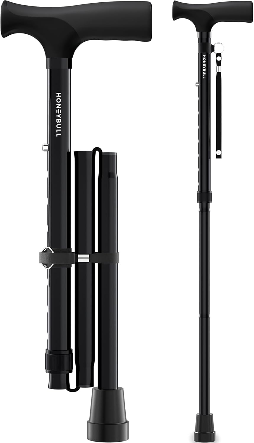 HoneyBull Walking Cane | Single Tip Canes for Men & Women, Foldable, Adjustable, Heavy Duty Up to 250 Pounds, Walking Canes for Seniors