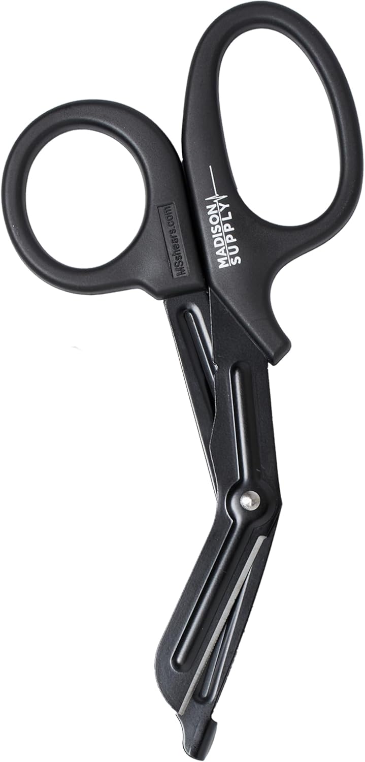 Madison Supply 7.5 Inches Premium Stainless Steel Nurse Scissors - Non-Stick Coated Blades Medical Scissors - Durable Fluoride-Coated Trauma Shears - Black
