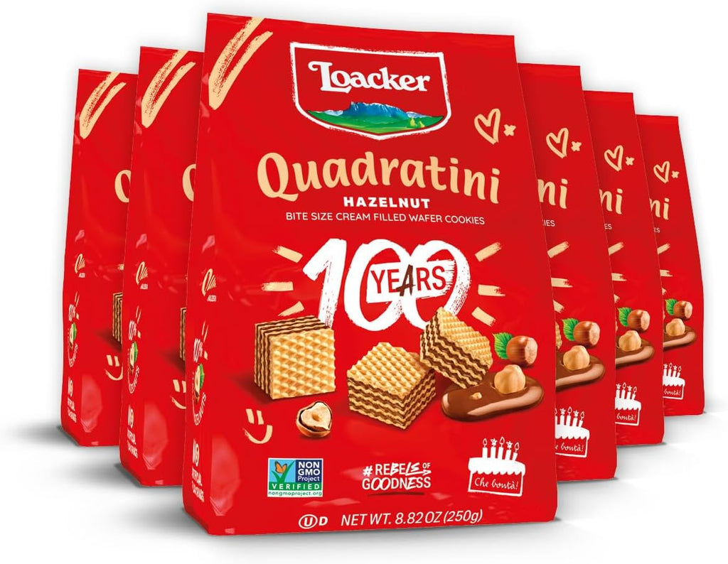 Loacker Quadratini Hazelnut Wafer Cookies LARGE - 30% Less Sugar - Premium Crispy Bite Size Wafers - NON-GMO - LARGE Pack of 6