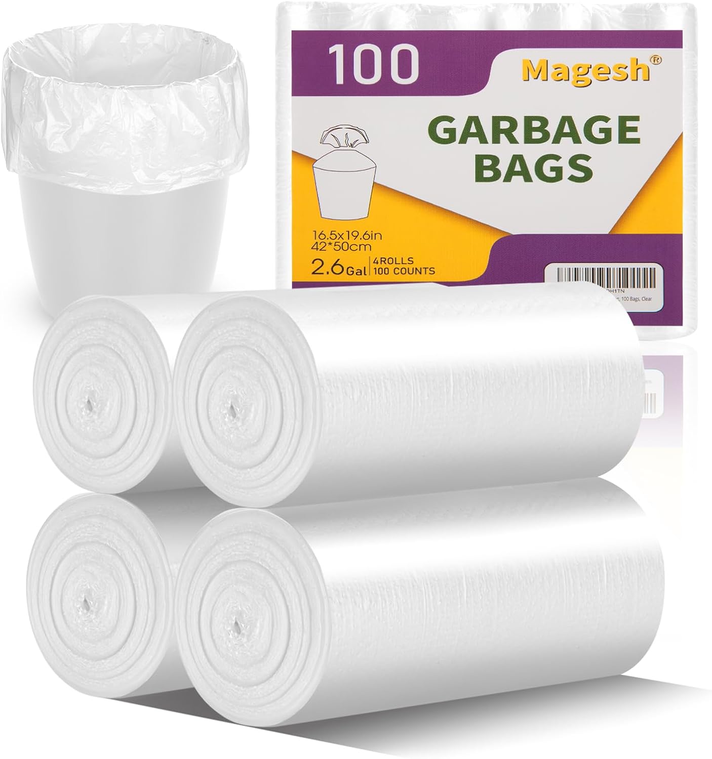 2.6 Gallon Small Trash Bags, Magesh 2.6 Gallon Trash Bag Strong, Leakage-Free, Small Garbage Bags Unscented Thick for Bathroom, Office, Kitchen Mini Trash Can, 100 Bags, Clear