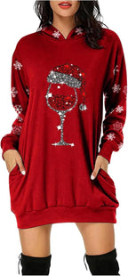 Womens Christmas Hoodie Dress Xmas Shine Wine Glass Snowflakes Print Long Sleeve Casual Loose Sweatshirt Dresses