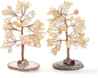 2Pcs Natural Citrine Chips Stone Tree Decorations with Agate Pedestal Display Energy Lucky Crystal Tree Ornaments Garden House Living Room Desk Office Table Home Decor Birthday Crystal Jewelry Gifts