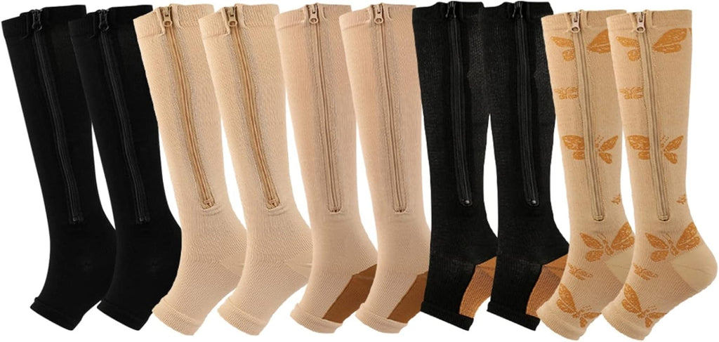 Valcatch 5 Pairs Zipper Compression Socks for Women Men 20-30 mmHg Support Hose Stockings Calf Knee High Running Walking