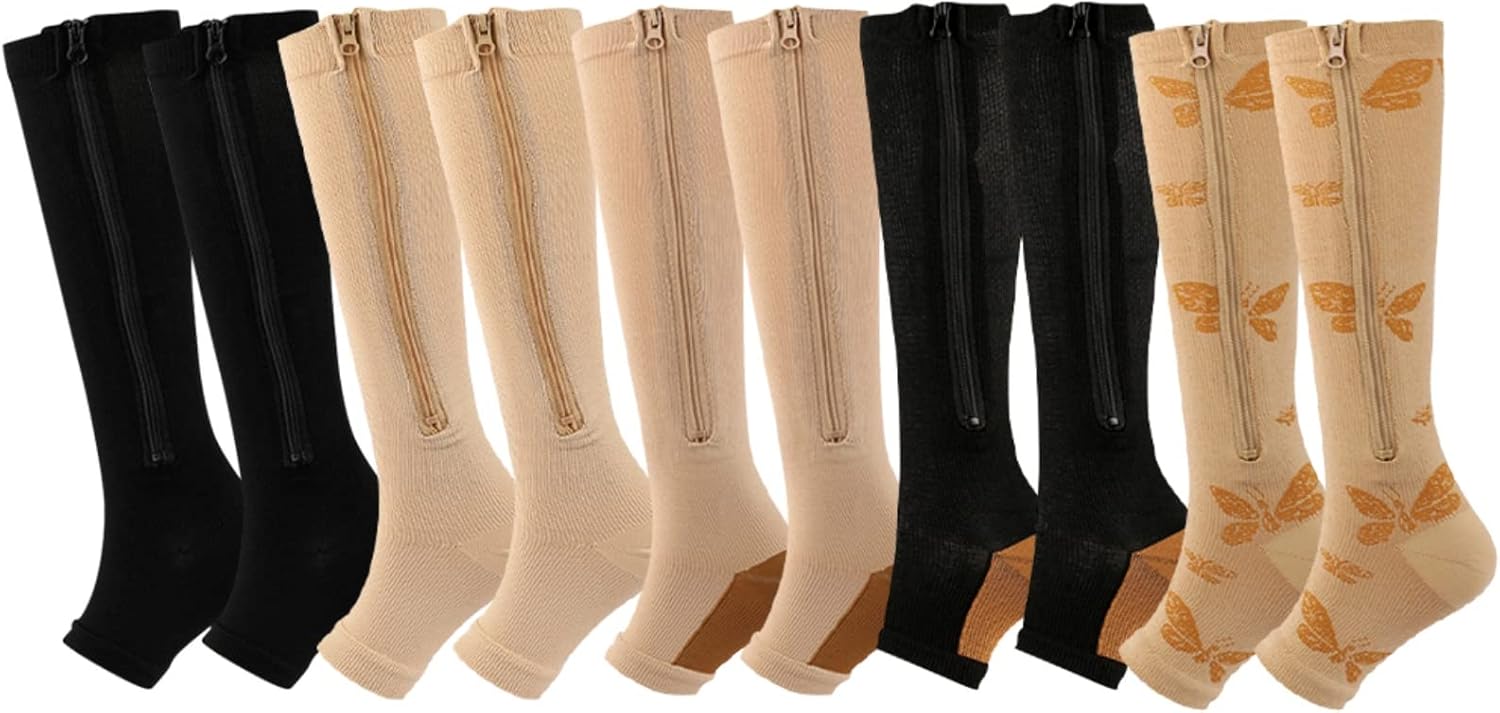 Valcatch 5 Pairs Zipper Compression Socks for Women Men 20-30 mmHg Support Hose Stockings Calf Knee High Running Walking