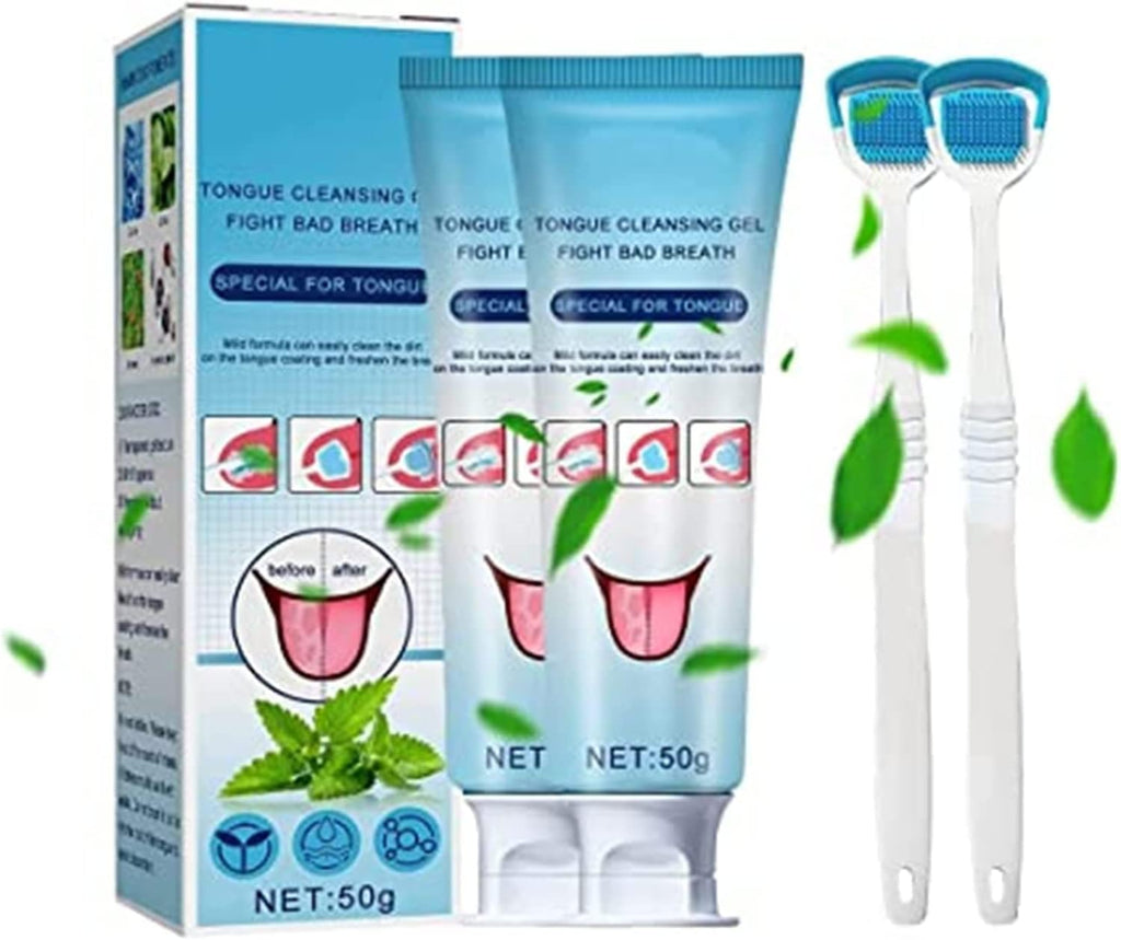 Tongue Cleaning Scraper Brush Kit, Tongue Cleaning Gel Oral Care Removes Oral Odor Fresh Breath Tongue Coating Cleaning Bad Breath for Adults, 50g (2pcs)