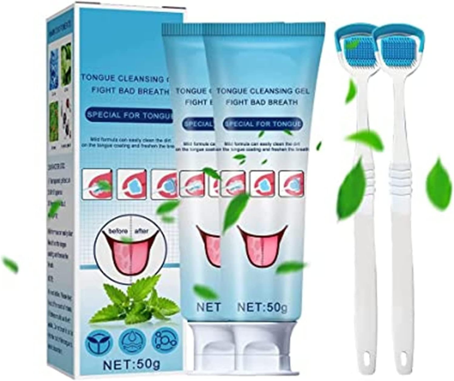 Tongue Cleaning Scraper Brush Kit, Tongue Cleaning Gel Oral Care Removes Oral Odor Fresh Breath Tongue Coating Cleaning Bad Breath for Adults, 50g (2pcs)