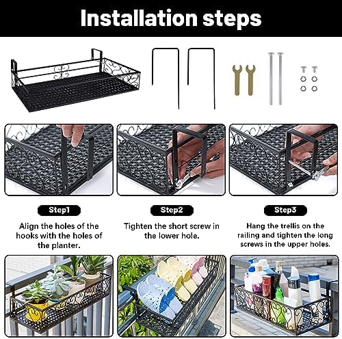 Metal Planter Flower Pot Holder Railing Shelf, Iron Balcony Planters Railing Hanging Bucket Pot Flower Holder with Hooks for Outdoor Garden Porch Patio(Black, 23.6 x 7.8 x 4.7 Inch)