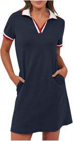 Women's Polo-Dress Short Sleeve V Neck Casual Tennis Dress Golf Mini Shirt Dresses with Pockets Workwear Sundress