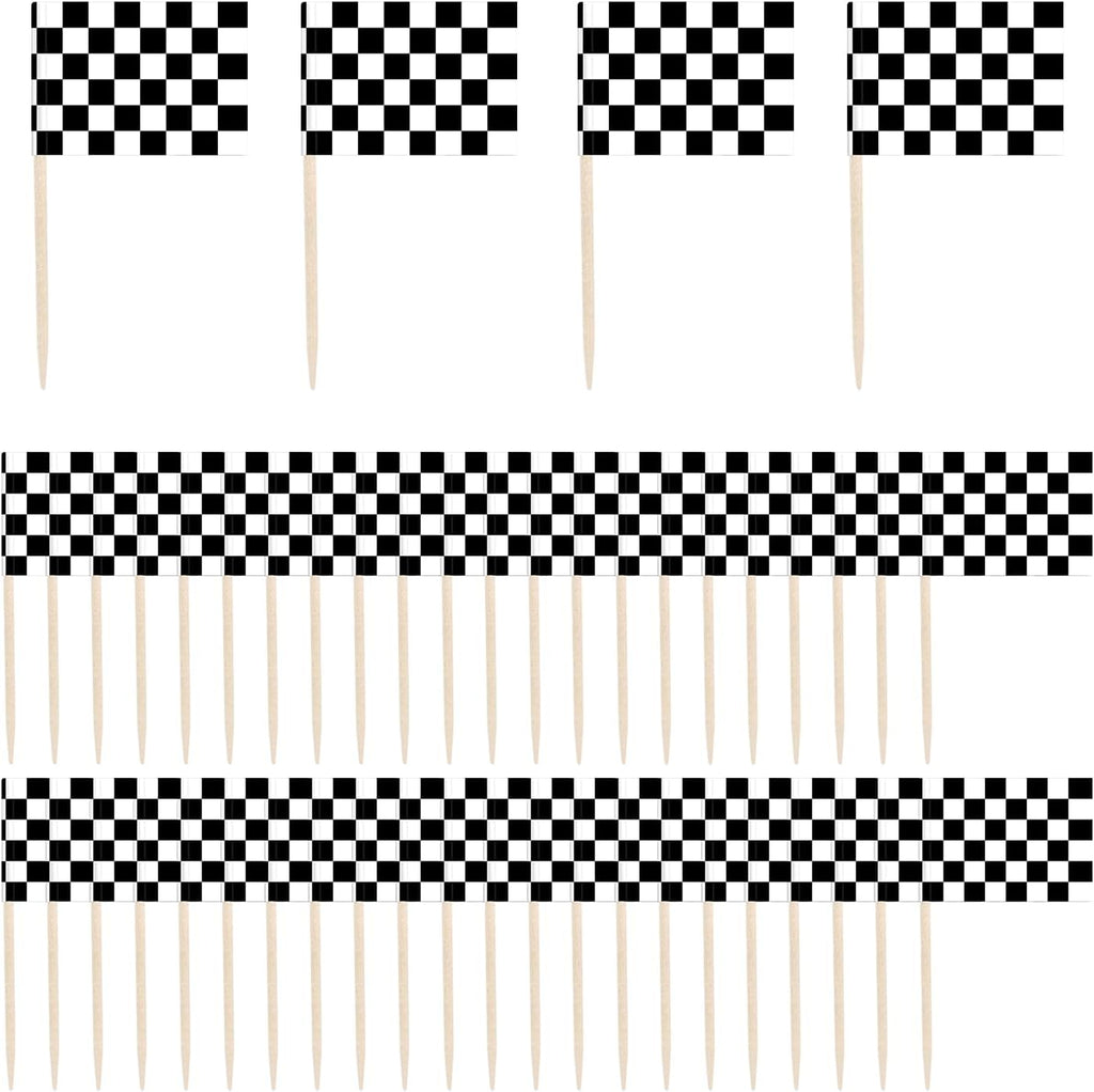 100 Pack Checkered Racing Flag Toothpicks - Checkered Flag Decorations for Cupcakes, Party Platters, Sports Themed Events