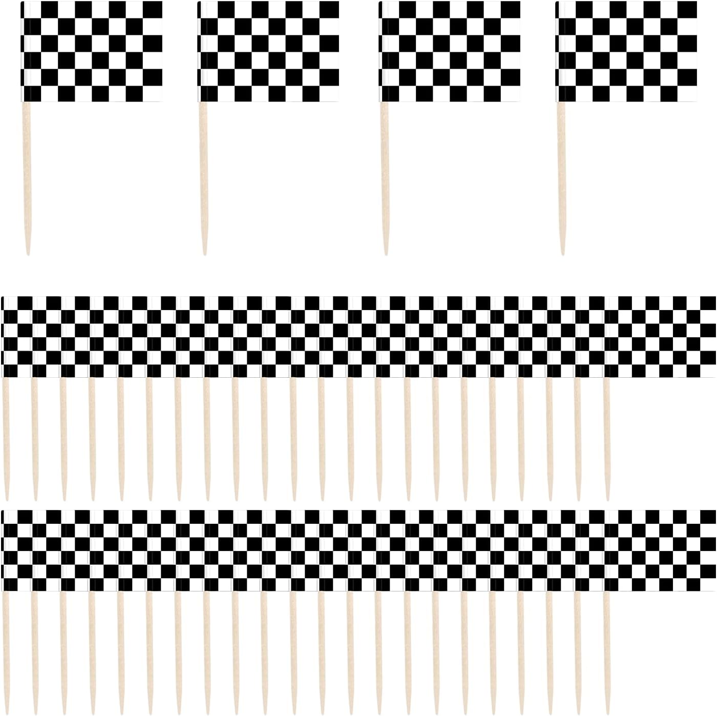 100 Pack Checkered Racing Flag Toothpicks - Checkered Flag Decorations for Cupcakes, Party Platters, Sports Themed Events