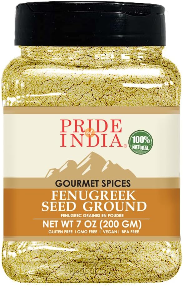 Pride of India – Fenugreek Seed Ground – Gourmet Indian Spice – Vegan, Gluten & GMO-Free – Ideal for Cooking & Meat Seasoning – Easy to Use – 7 oz. Medium Dual Sifter Jar