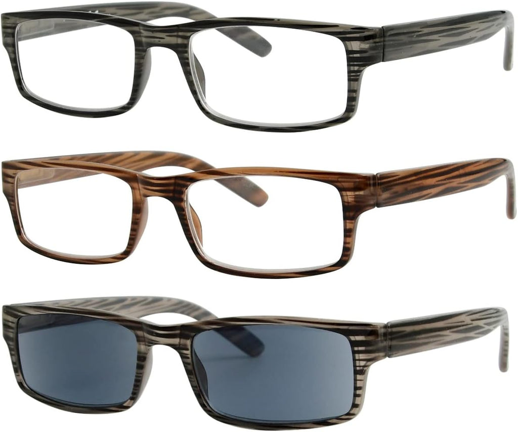 Eyekepper Spring Hinge Striped Reading Glasses (3 Pairs) Men Includes Sunshine Readers +1.00