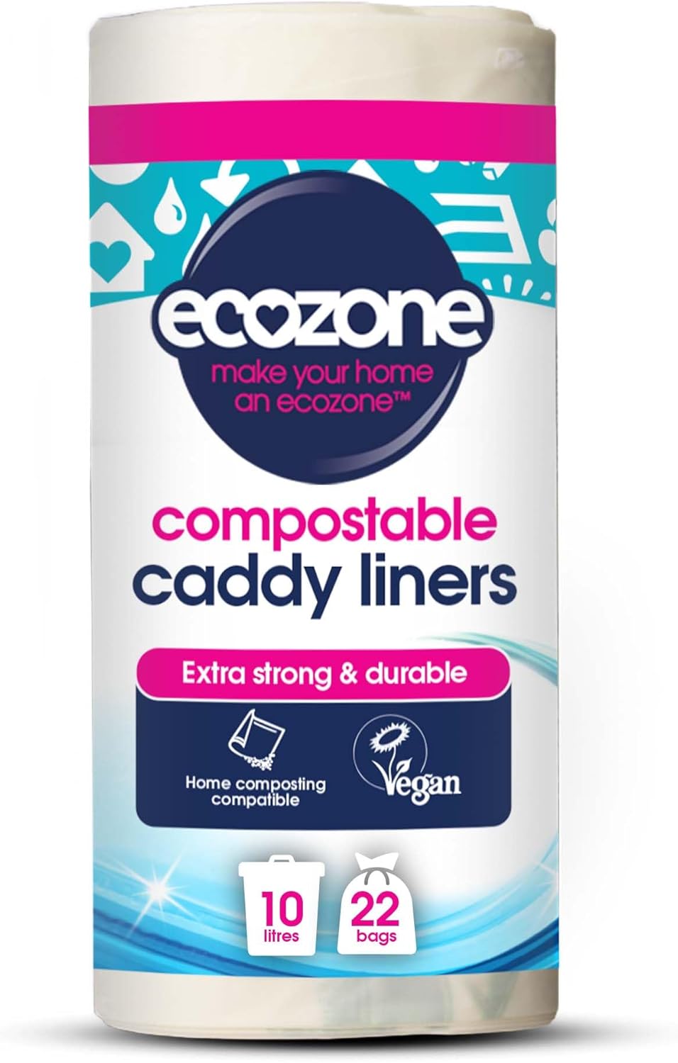 EcoZone Caddy Liners, 100% Compostable & Biodegradable Bin Bags, 10 Litre Size, Strong Tear Resistant, Mindful Vegan Natural Sacks Made from Plants, Plastic Free (Roll of 22)