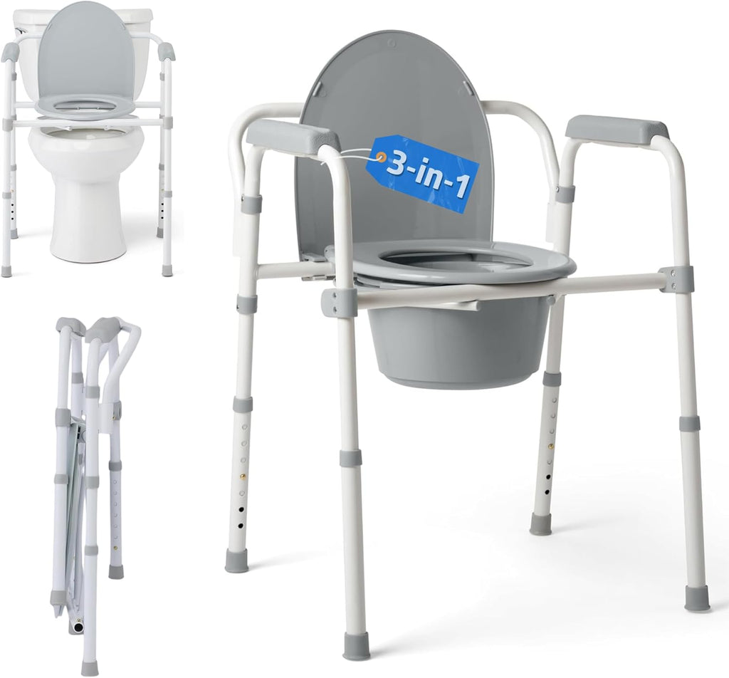 Medline Dark Gray 3-in-1 Folding Commode with Elongated Seat, Microban Treated - Portable, Adjustable, Durable - Ideal for Medical Patients