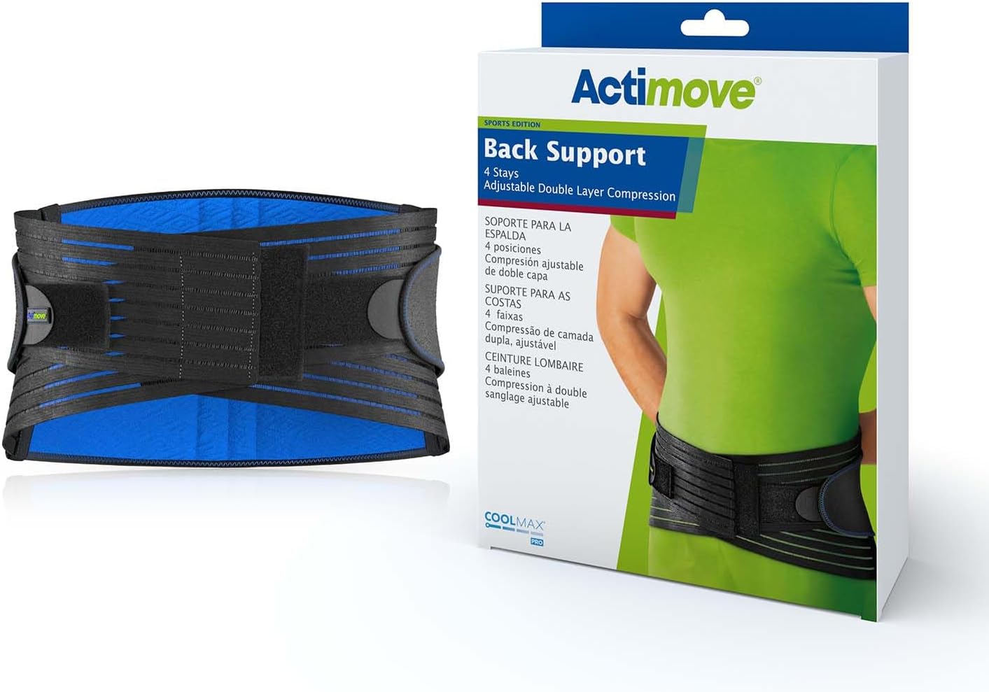 Actimove Sports Edition Back Support | Back Brace with 4 Stays, Adjustable, Double Layer Compression for Acute & Chronic Back Pain, Lumbar Strains, Muscular Insufficiency | Black, 2X-Large