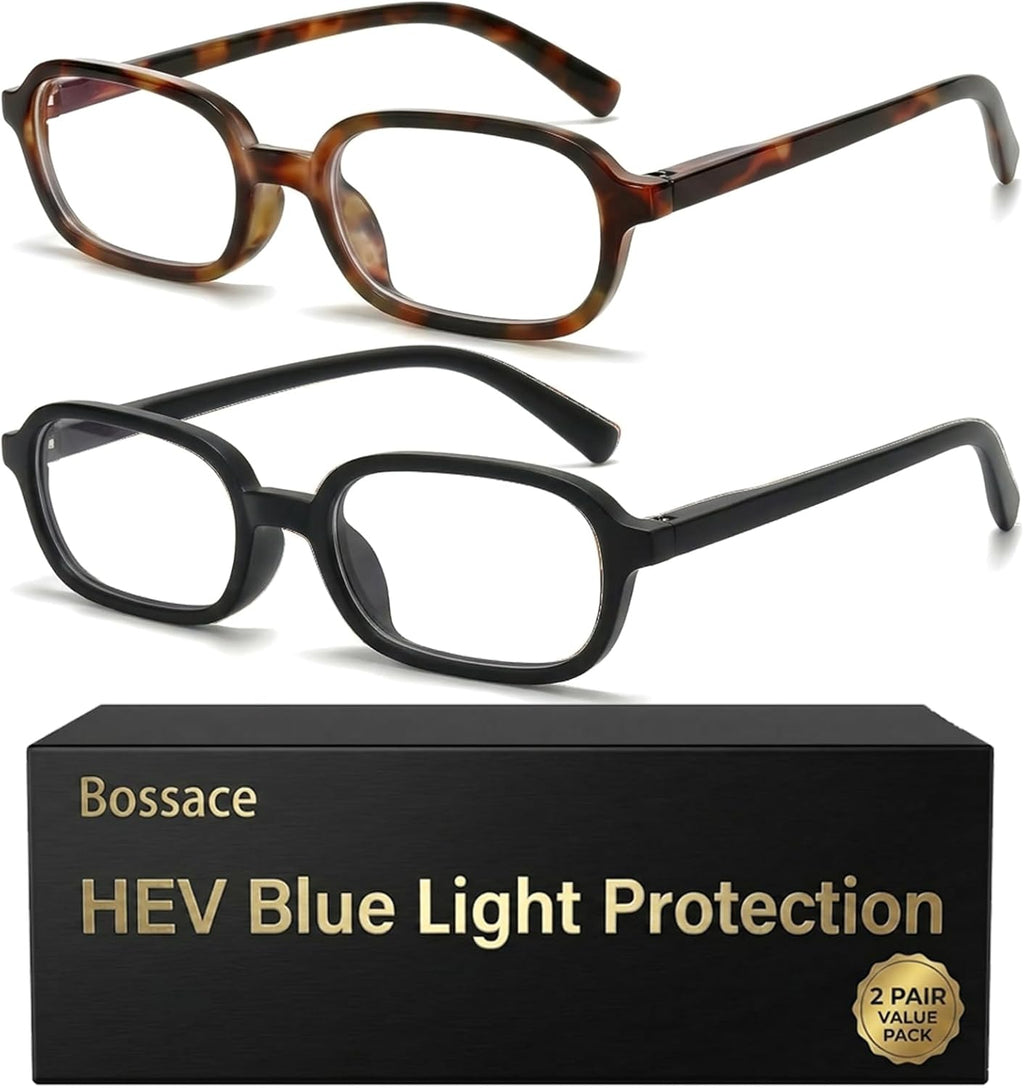 2 Pack Rectangle Blue Light Glasses for Women, Lightweight TR90 Small Frame with Spring Hinge for All-Day Comfort, Anti UV Glare & Eyestrain