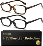 2 Pack Rectangle Blue Light Glasses for Women, Lightweight TR90 Small Frame with Spring Hinge for All-Day Comfort, Anti UV Glare & Eyestrain