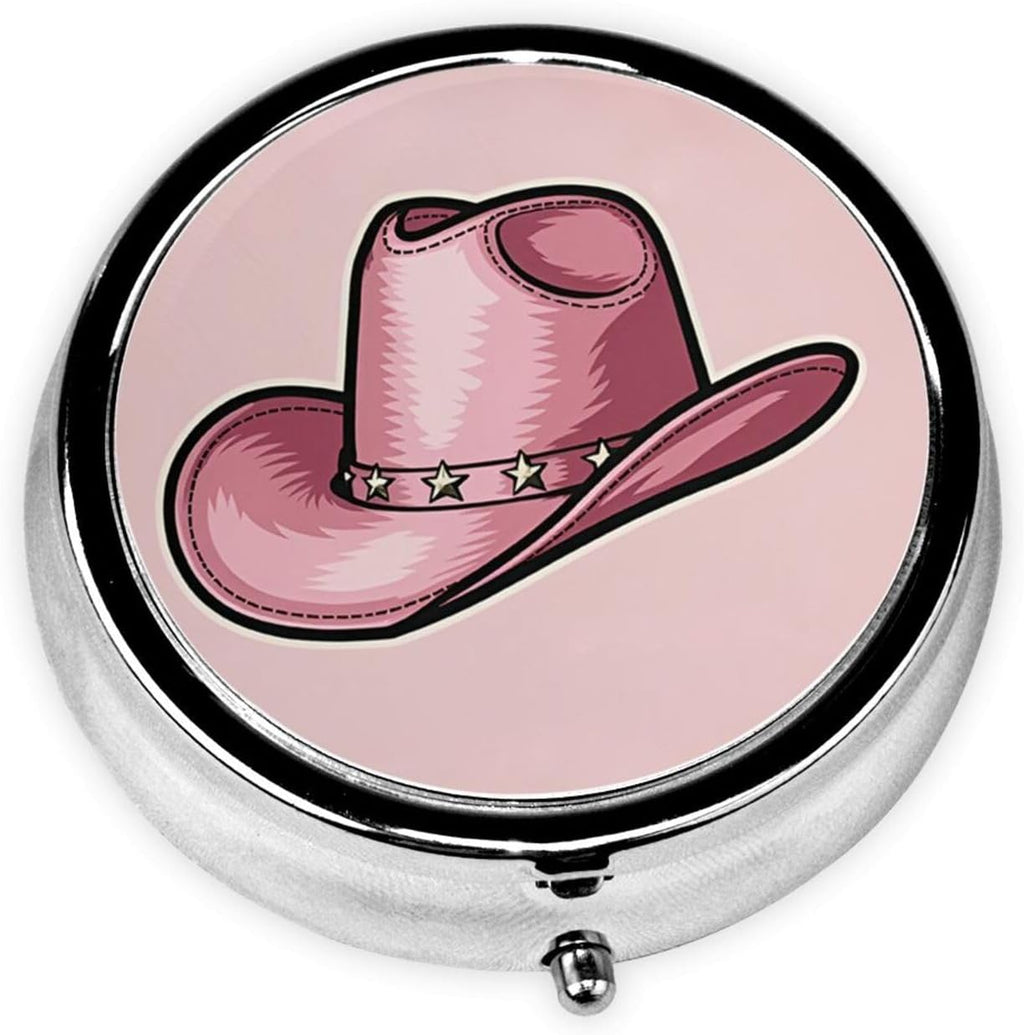 Metal Pill Organizer - 3-Compartment Mini Round Pill Case for Pocket & Purse, Portable Vitamin Holder, Easy-Open Design for Travel - Pink Cowboy Hat