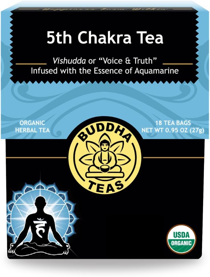 Buddha Teas - 5th Chakra Tea - Organic Herbal Tea - For Communication, Creativity & Self-Expression - With Licorice, Cinnamon & Aquamarine Essence - OU Kosher - 18 Tea Bags (Pack of 1)