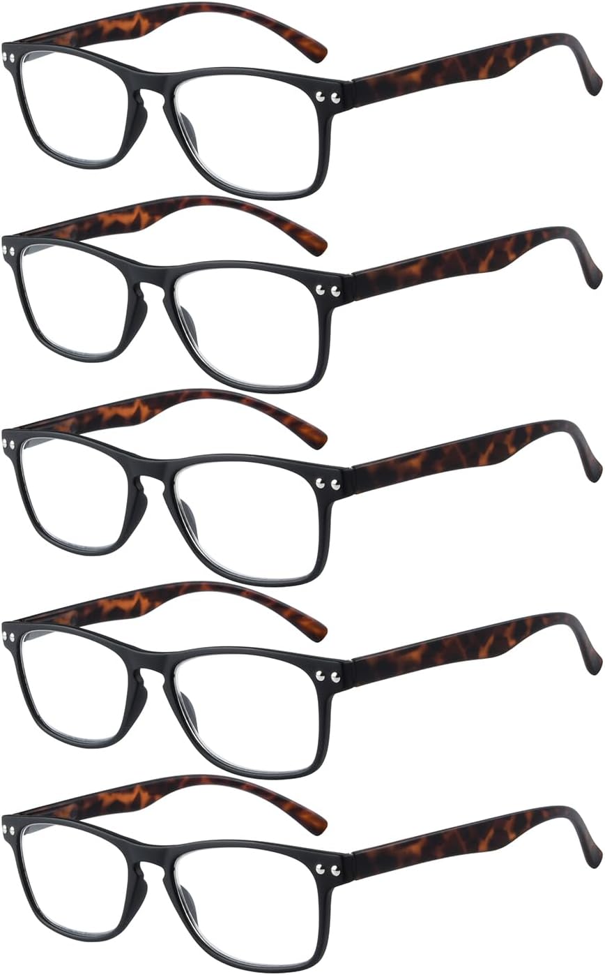 Eyekepper Ultrathin Flex Frame 5-Pack 80's Reading Glasses Black Frame Tortoise Arm +1.75