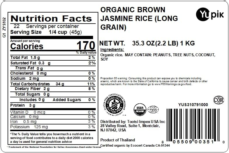 Yupik Organic Brown Jasmine Rice, Long Grains, 2.2 lb (35.2 oz), Gluten-Free, Non-GMO, Vegan, Kosher, Whole Grains, Wheat-Free, Salt-Free, Source of Fiber, Ideal for Recipes, Side Dishes & More
