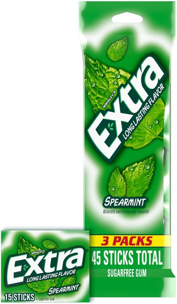EXTRA Spearmint Sugar Free Chewing Gum Spring Break Travel Accessories, 15 Sticks, (3 Pack)