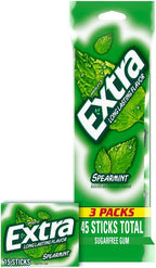 EXTRA Spearmint Sugar Free Chewing Gum Spring Break Travel Accessories, 15 Sticks, (3 Pack)