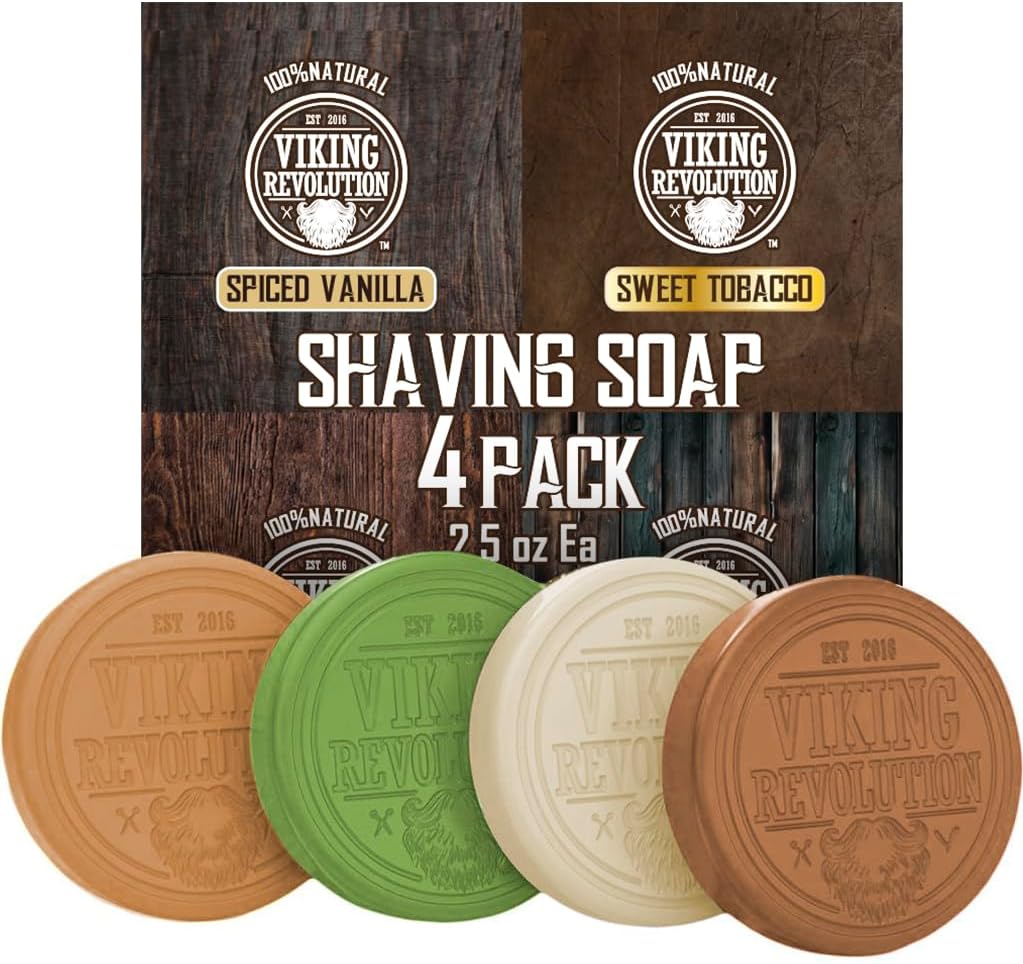 Viking Revolution Shaving Soap for Men - Shave Soap for Use with Shaving Brush and Bowl for Smoothest Wet Shave, Shaving Soap Puck - 4 Pack Variety, Each Pack 2.5oz (Vanilla, Bergamot, Tobacco, Oud)
