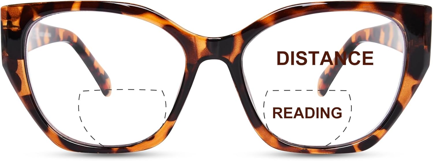 FONHCOO Bifocal Reading Glasses for Women, Cat Eye Blue Light Computer Readers Clear Top Eyewear with Spring Hinge