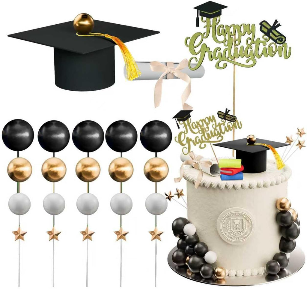 Graduation Cake Toppers - High School College Senior Supplies for 2026, 26Pcs Decorations Kit with Graduation Caps, Diploma for Party Cake Decor Cake balls Mini textbook（Black White Gold）