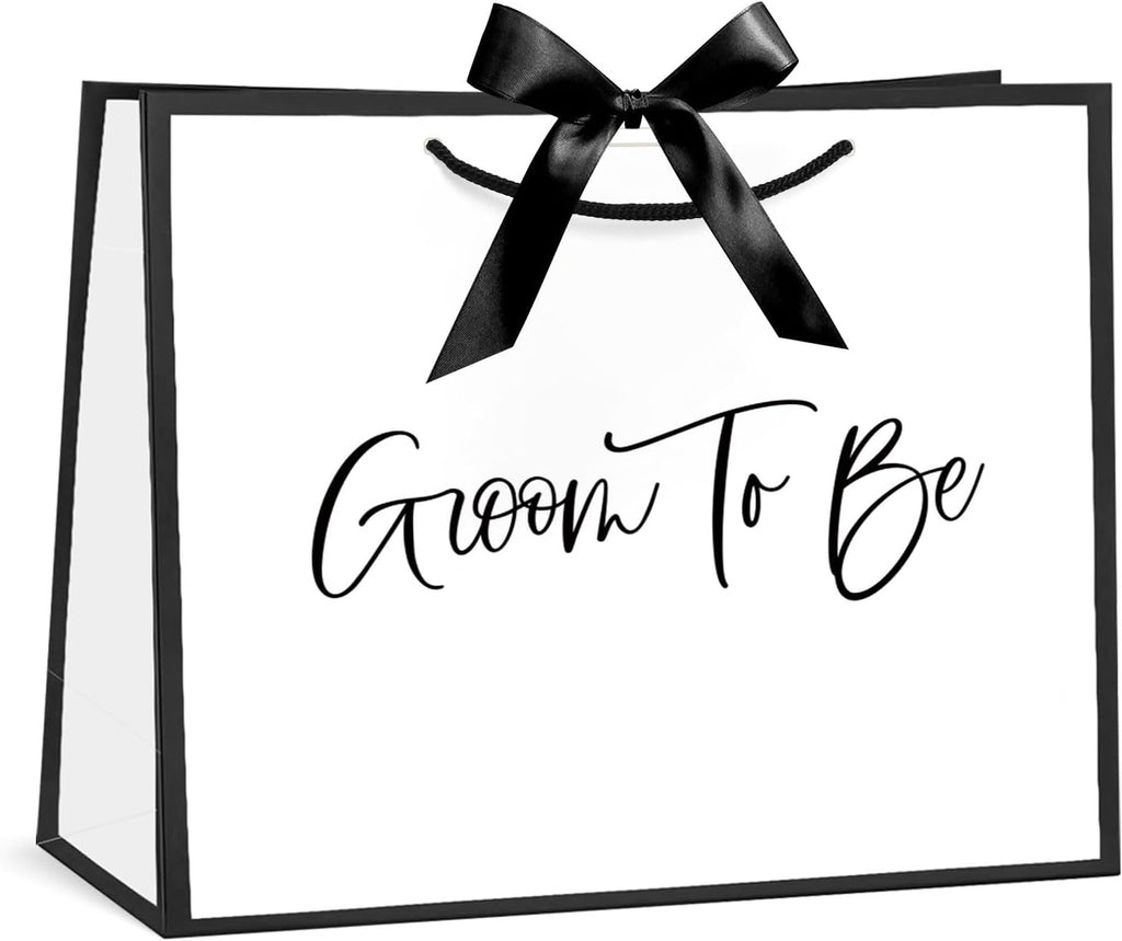 Loveinside 13" Large Groom Shower Gift Bag, White & Black Groom To Be Elegant Script Design Gift Bag with Bow Ribbon for Shower, Engagement, Bachelor Party, Wedding, 13" x 5" x 10", 1 Pcs
