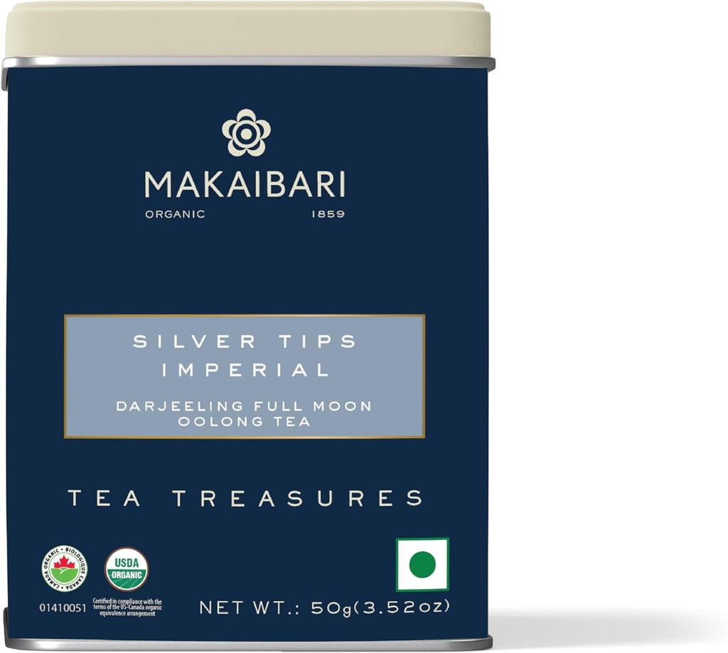 Makaibari Silver Tips Imperial Tin Caddy | Award Winning Organic Oolong Handmade Whole Leaf Tea | 50 Grams
