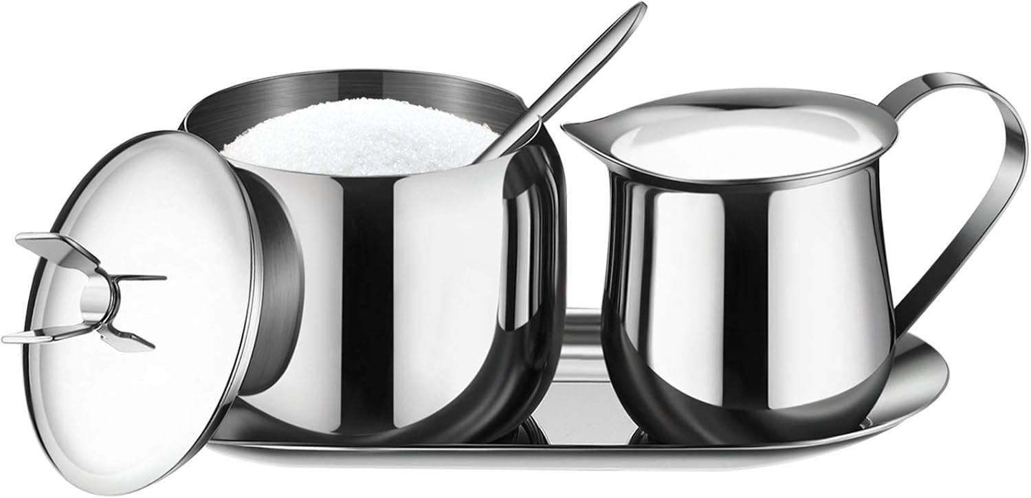 Creamer and Sugar Bowl Set Stainless Steel Latte Milk Cup Cream Jug and Sugar Bowl with Lid Spoon Tray for Coffee Serving Set Frothing Milk