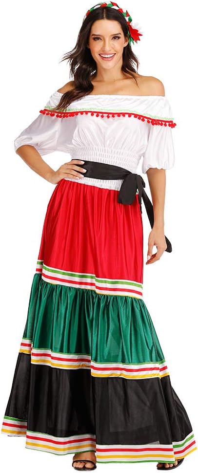 ReneeCho Women's Mexican Dress Halloween Costume Adult Traditional Senorita Blouse Dance Skirt