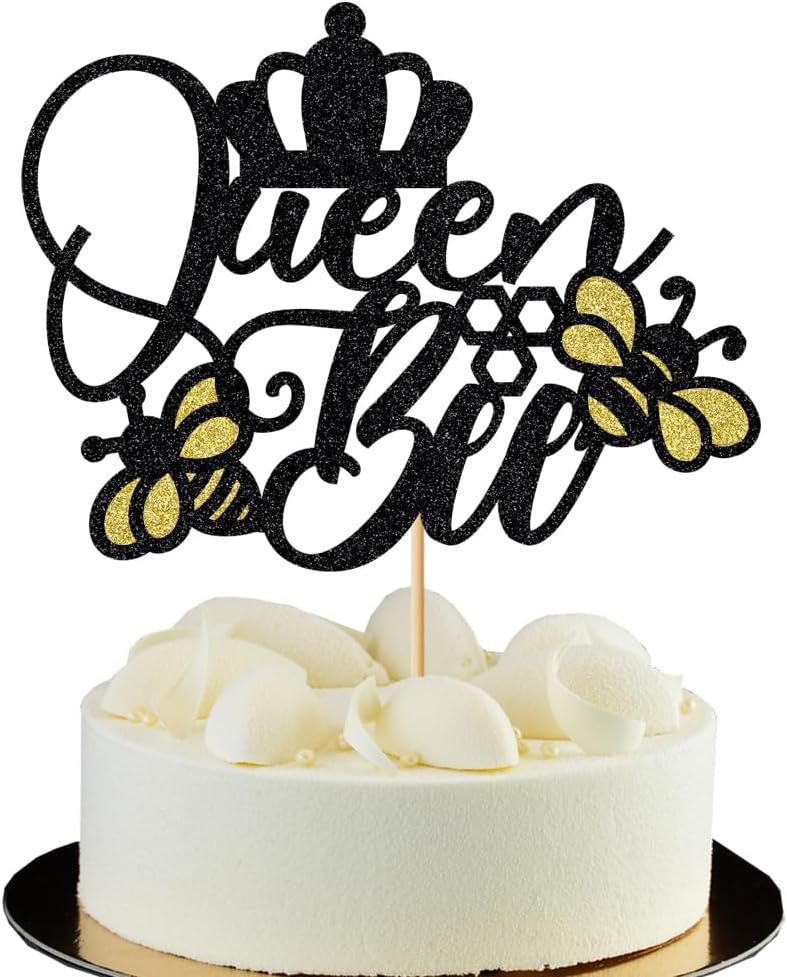 Glitter Queen Bee Cake Topper, Bumble Bee Themed, Gold & Yellow, 1 Count, 6.6 x 5.5 inches, Mother's Day & Birthday Occasion