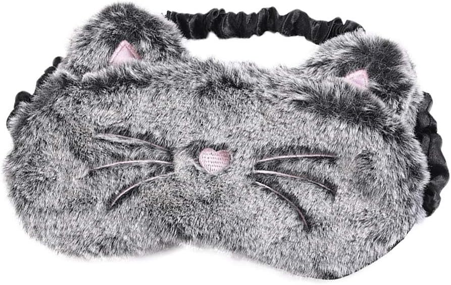 Shinywear Cute Rabbit Sleeping Eye Mask Plush Blindfold Travel Sleep Masks Super Soft Funny Eye Cover for Kids Girls and Adult (Black Grey cat)