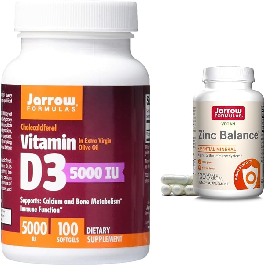 Jarrow Formulas Vitamin D3 125 mcg 100 Softgels & Zinc Balance 15 mg 100 Veggie Caps - Bone, Immune & Calcium Metabolism Support