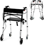 Goplus Walkers for Seniors, 4-in-1 Folding Walker with 5’’ Wheels, Detachable Seat, Height Adjustable Stand Up Walker, Medical Walking Mobility Aid, 350lbs Rolling Walker for Adult Bariatric Handicap