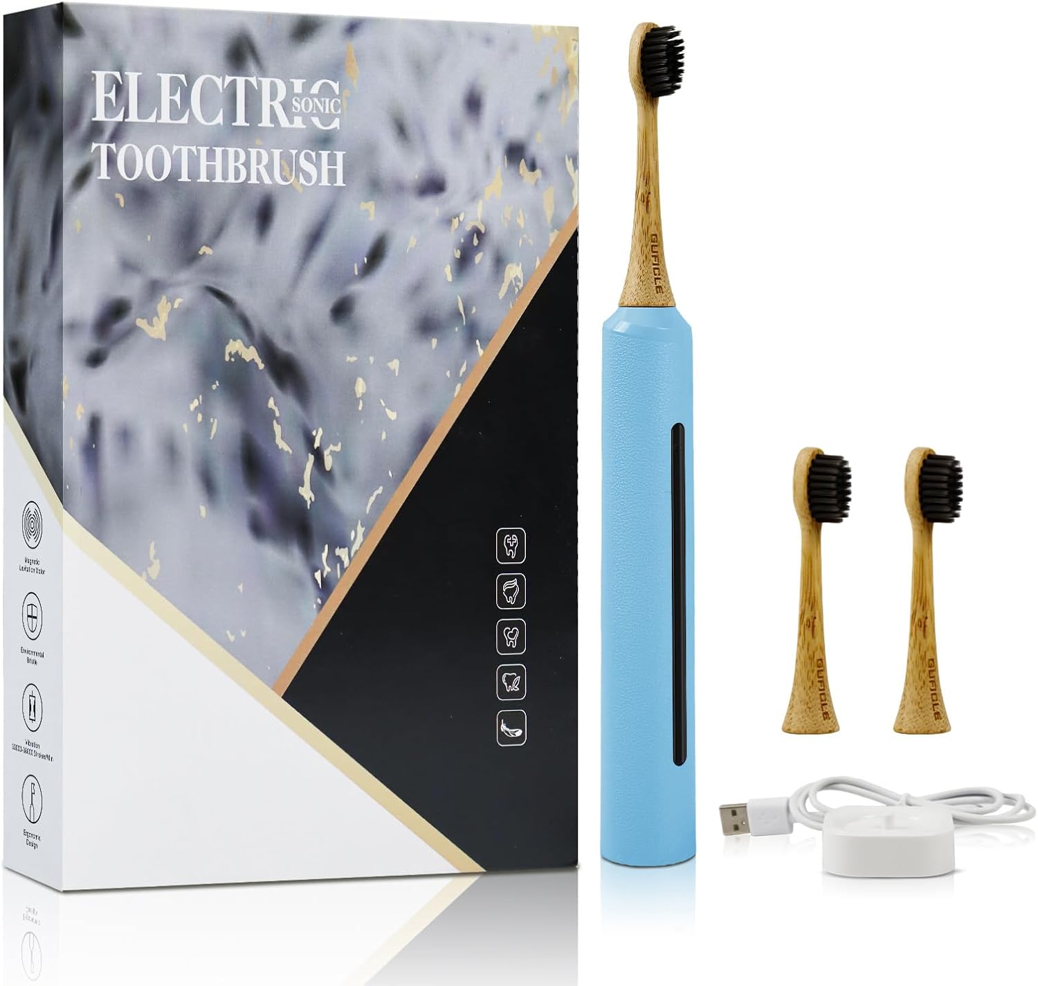Bamboo Electric Toothbrush for Adults丨Rechargeable Electric Toothbrush with 3 Non Toxic Charcoal Infused Bamboo Brush Heads, 5 Cleaning Modes, 60 Days Battery Life, IPX7 Waterproof-Blue